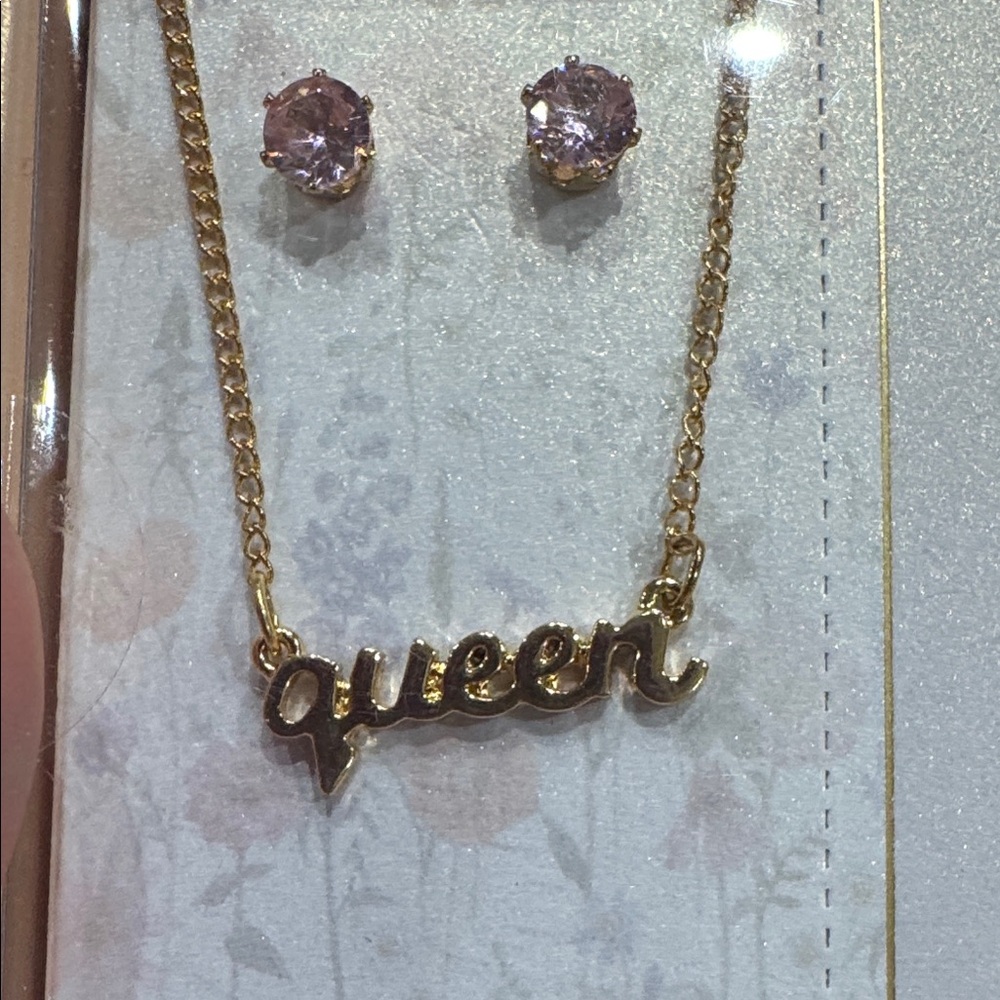 Gold 'Queen' Necklace and Pink Rhinestone Earrings Earring Set
